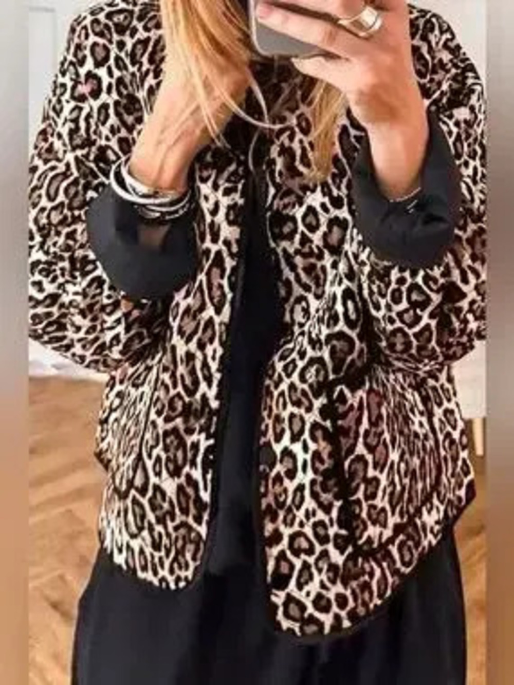 Leopard Print Quilted Button Front Patch Pockets Jacket - Picture 3 of 4
